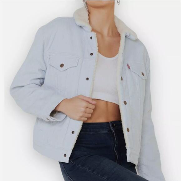 Levi's Corduroy Ex-Boyfriend Sherpa Trucker Jacket Light Ice Baby Blue Medium - Picture 3 of 8